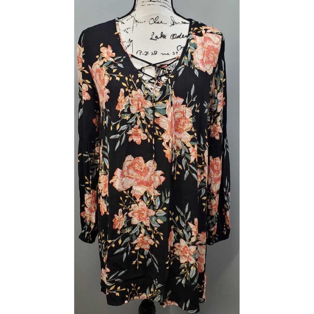 Billabong Shift Dress Womens XS Multi Rayon Floral Pleated Long Sleeve Lace Up